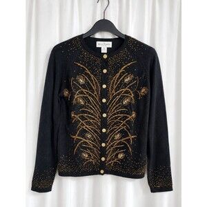 BellePointe 90s Black Gold Beaded Botanical Embellished Knit Cardigan Sweater